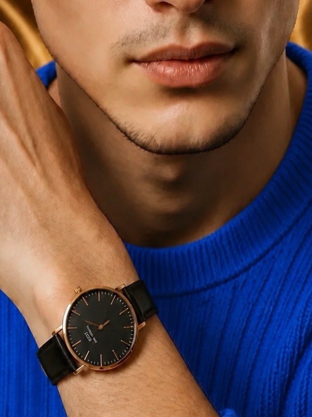 Daniel Wellington Designe Dress Watch, Italian Leather Band, Black/Gold Face.